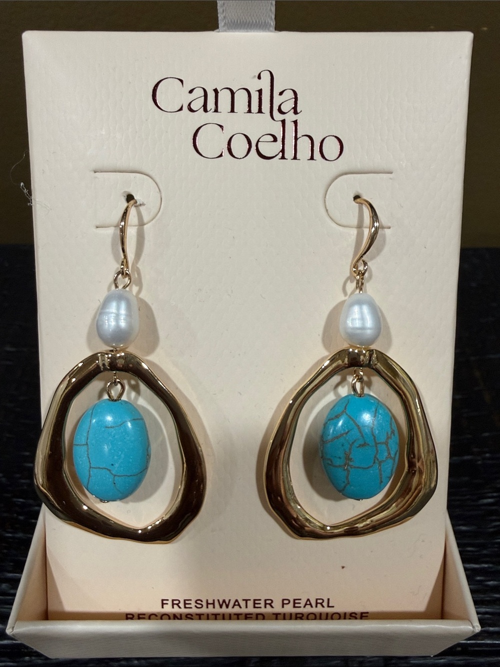 Camila Coelho Gold Hoop Earrings with Turquoise Stones and Pearl Drops